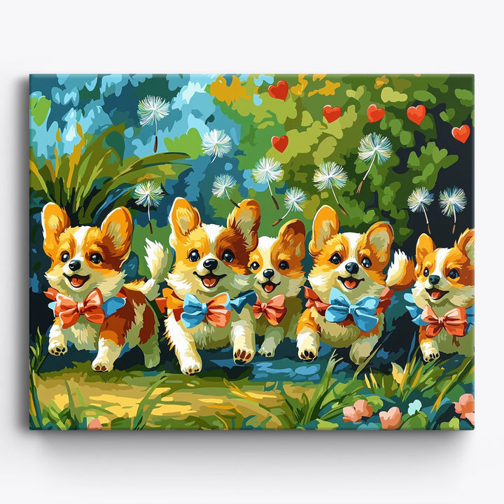 Fröhlicher Corgi-Garten