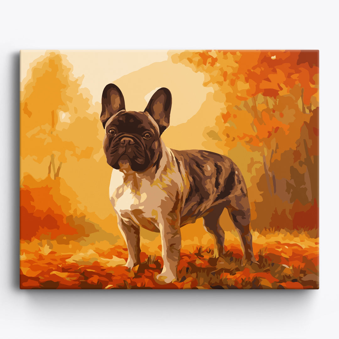 Französische Bulldogge Blätterlandschaft