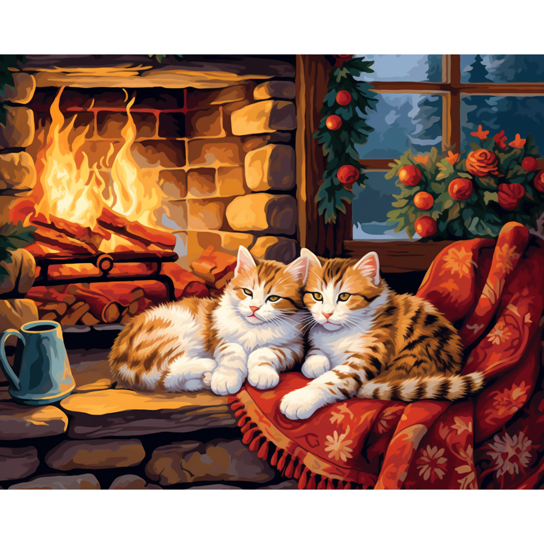 Katzen am gemütlichen Kamin