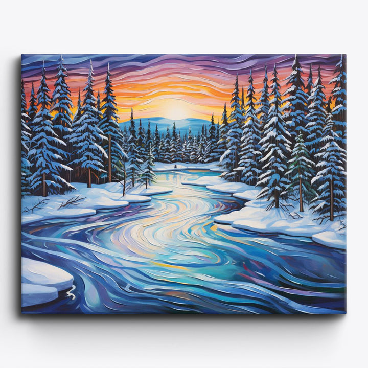 See inmitten verschneiten Waldes