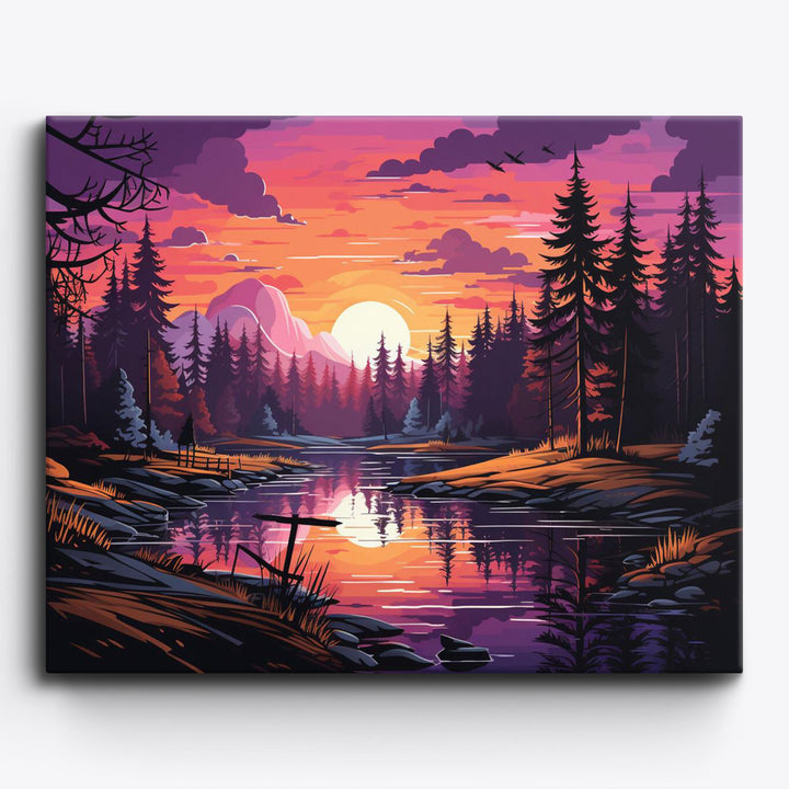 Purpurfarbener Sonnenuntergang am See