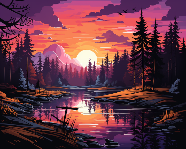 Purpurfarbener Sonnenuntergang am See