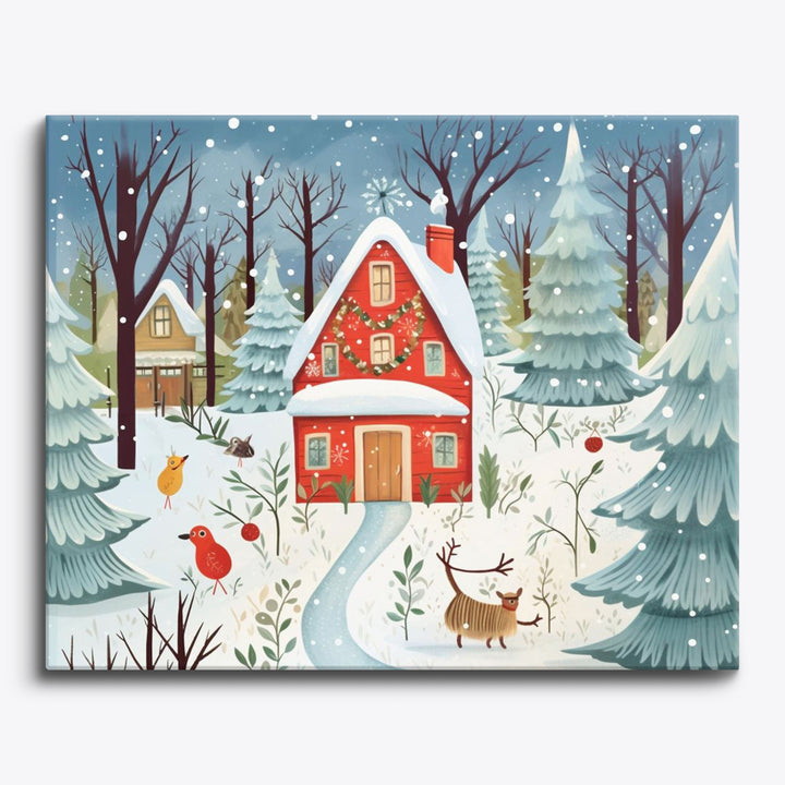 Schneebedecktes rotes Haus
