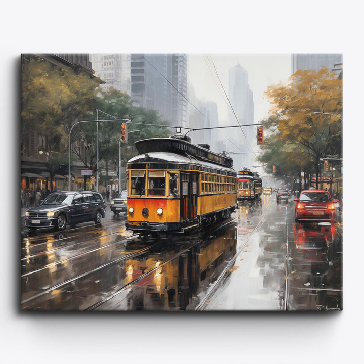 Żółty tramwaj w mieście